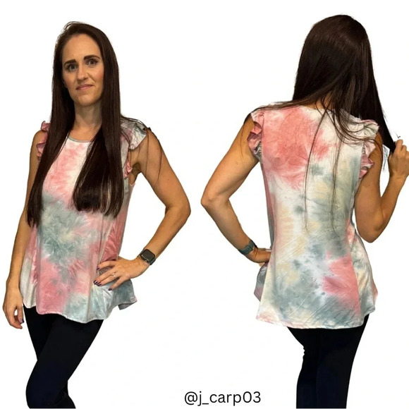 Buttery Soft Tie Dye Top | Mauve Sage Ruffle Sleeve Boho Blouse - Picture 5 of 5